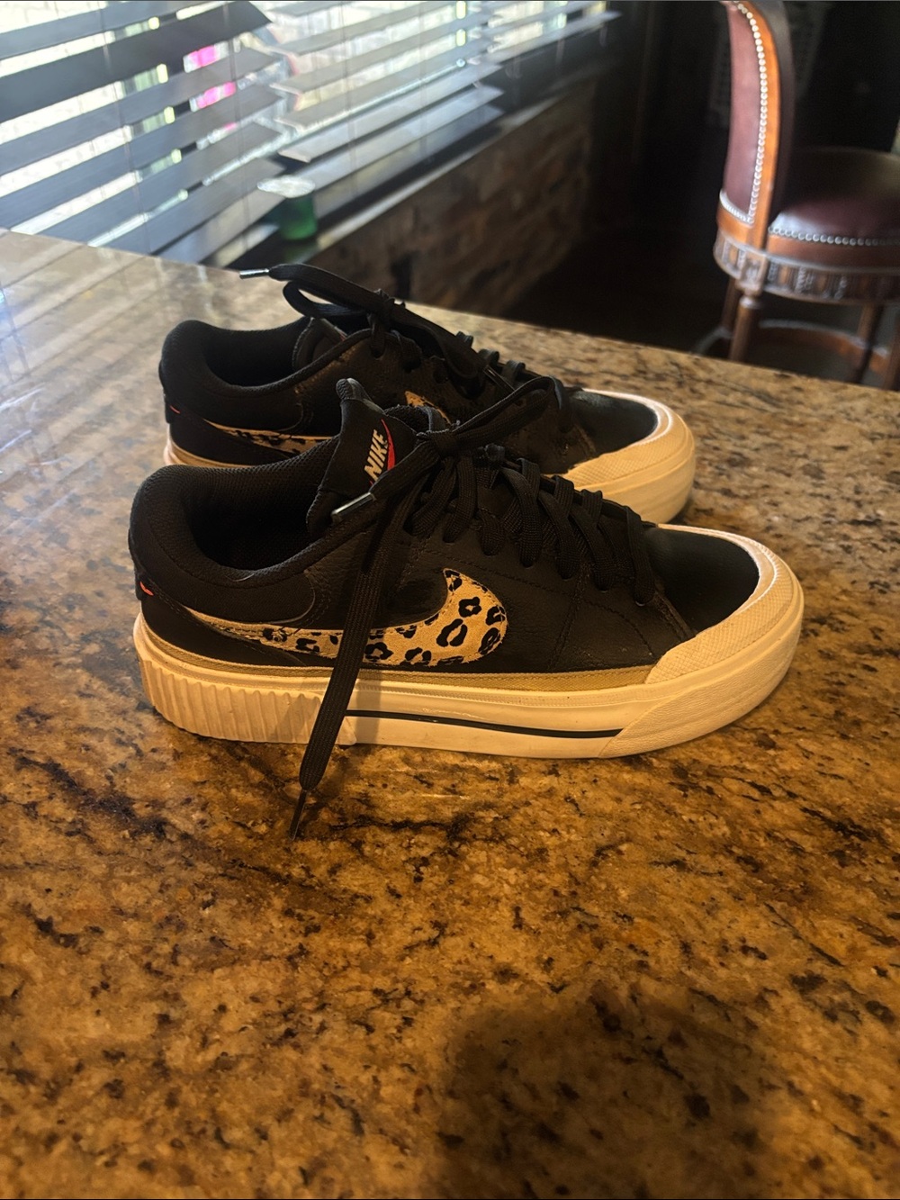 Nike Women's Black Sneakers with Leopard Swoosh and Cream Platform